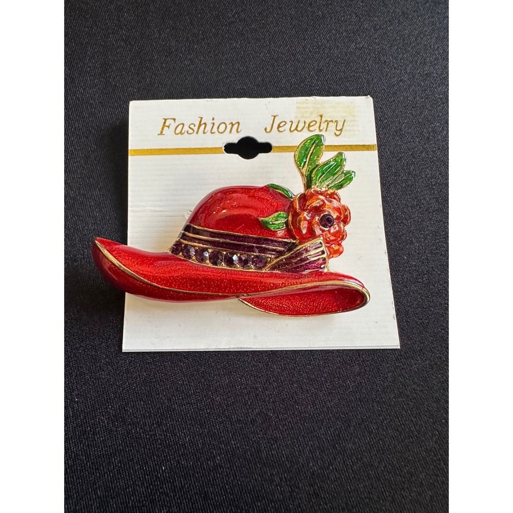 Vintage Red Hat Society Brooch Pin Enamel Sun Hat Rhinestone Rose New